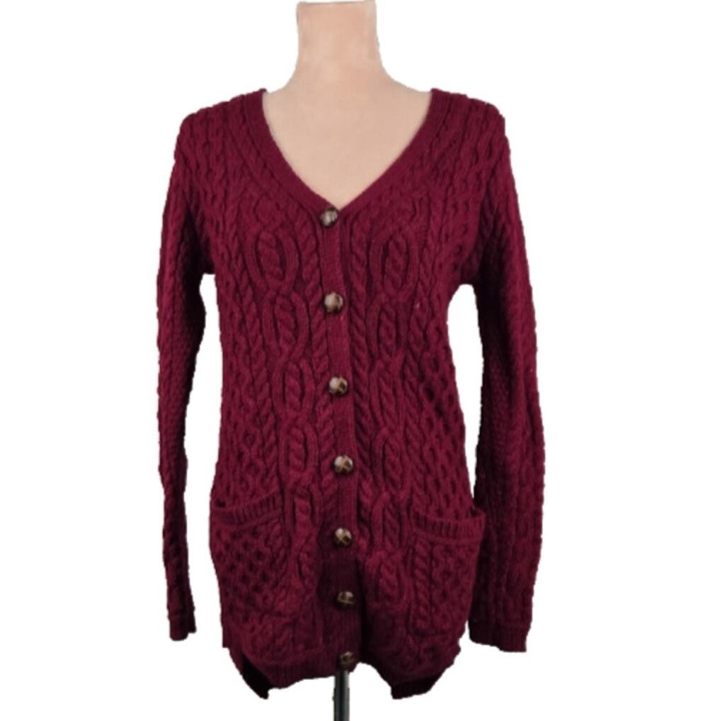 Inis Crafts Merino Wool Chunky Cable Knit Fisherman Cardigan Burgundy Medium
